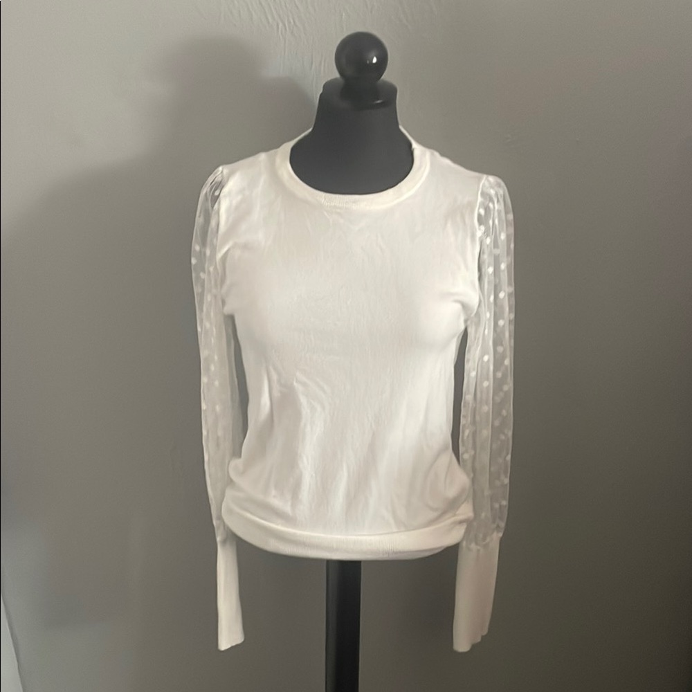 Eesome White Blouse with Sheer Polka Dot Sleeves